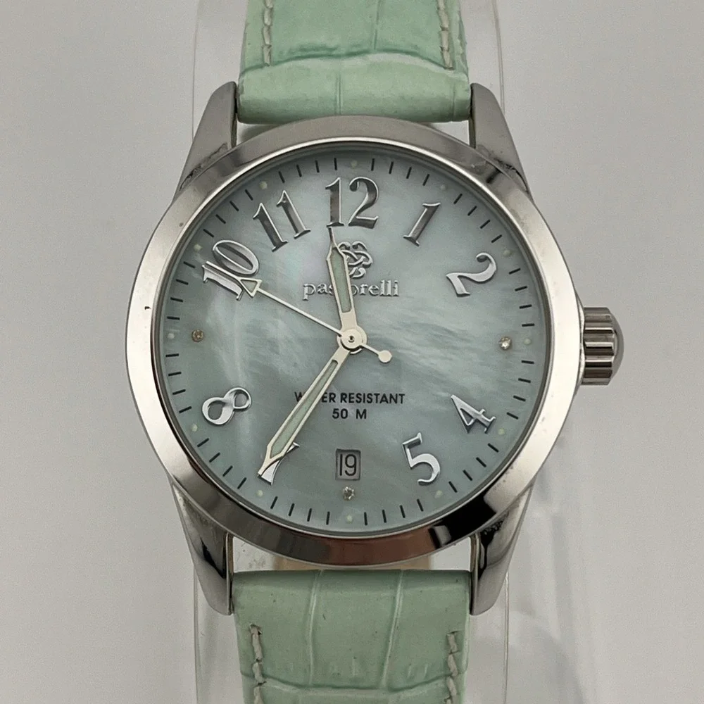 Pastorelli Watch Women 34mm Case MOP Dial Blue Leather Band Swiss- New Battery